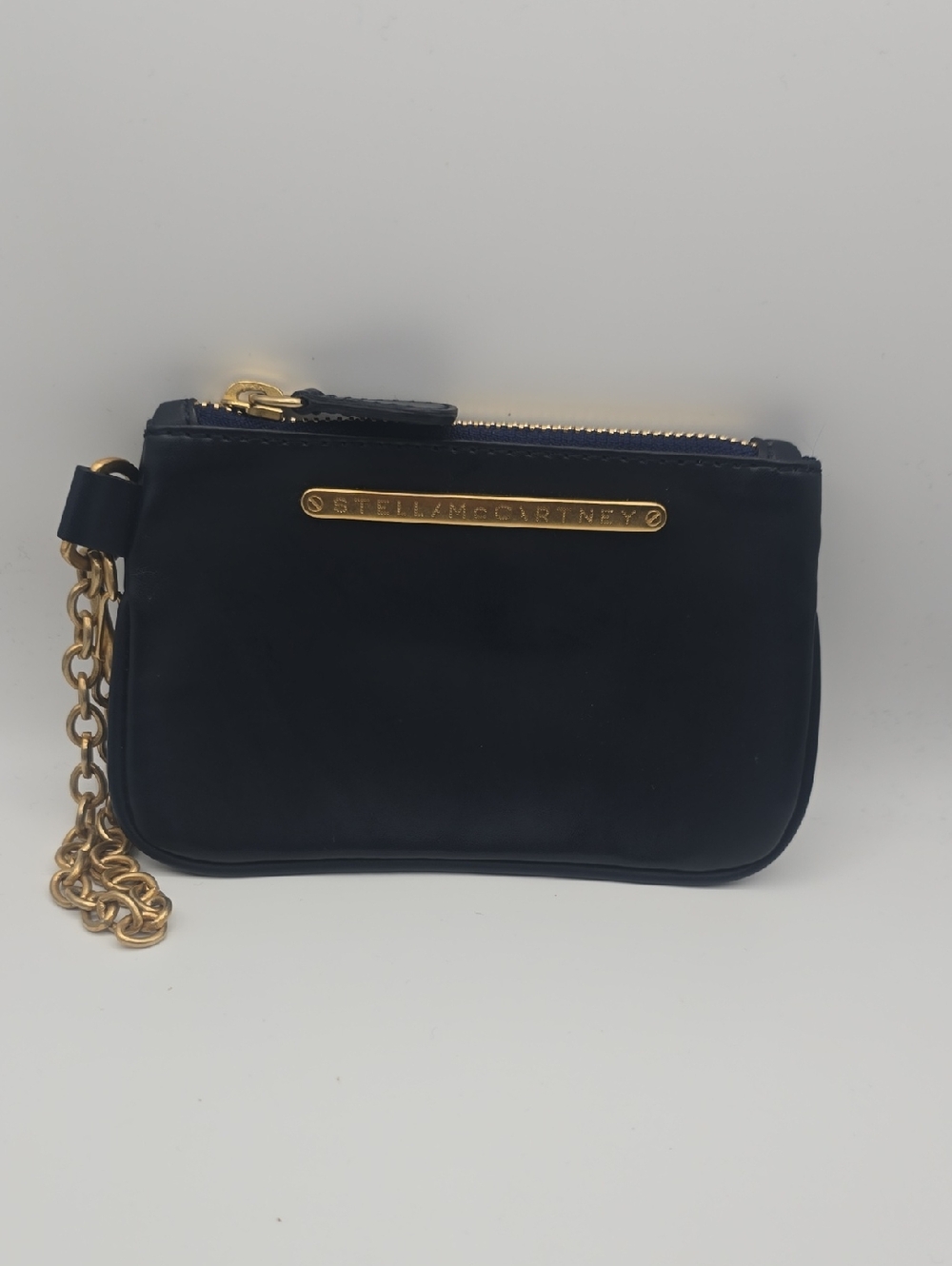 Stella Mccartney Dark Navy Blue Wristlet/Coin Pouch W Gold Hardware/Chain (EUC)✨